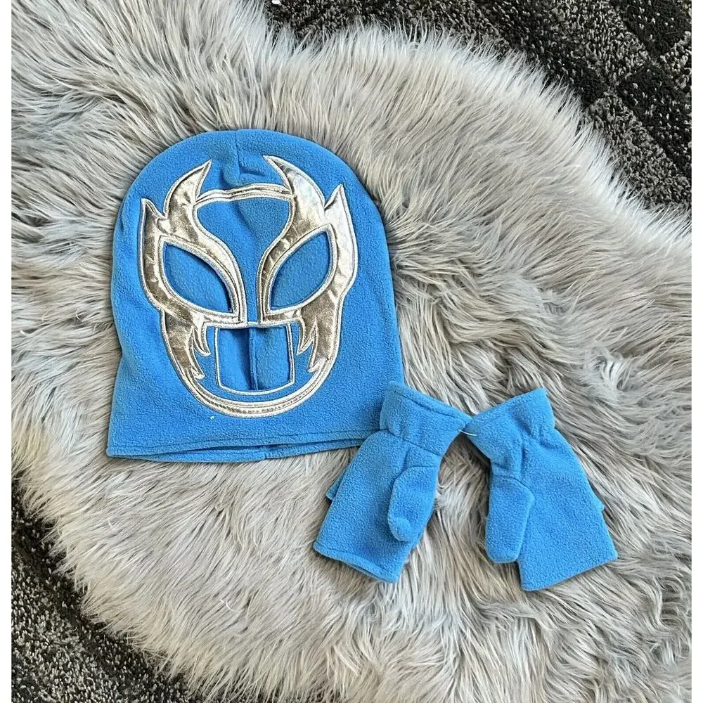 Blue Fleece Kids Luchador‎ Wrestling Mask & Mittens Winter Hat WWE Rey Mysterio